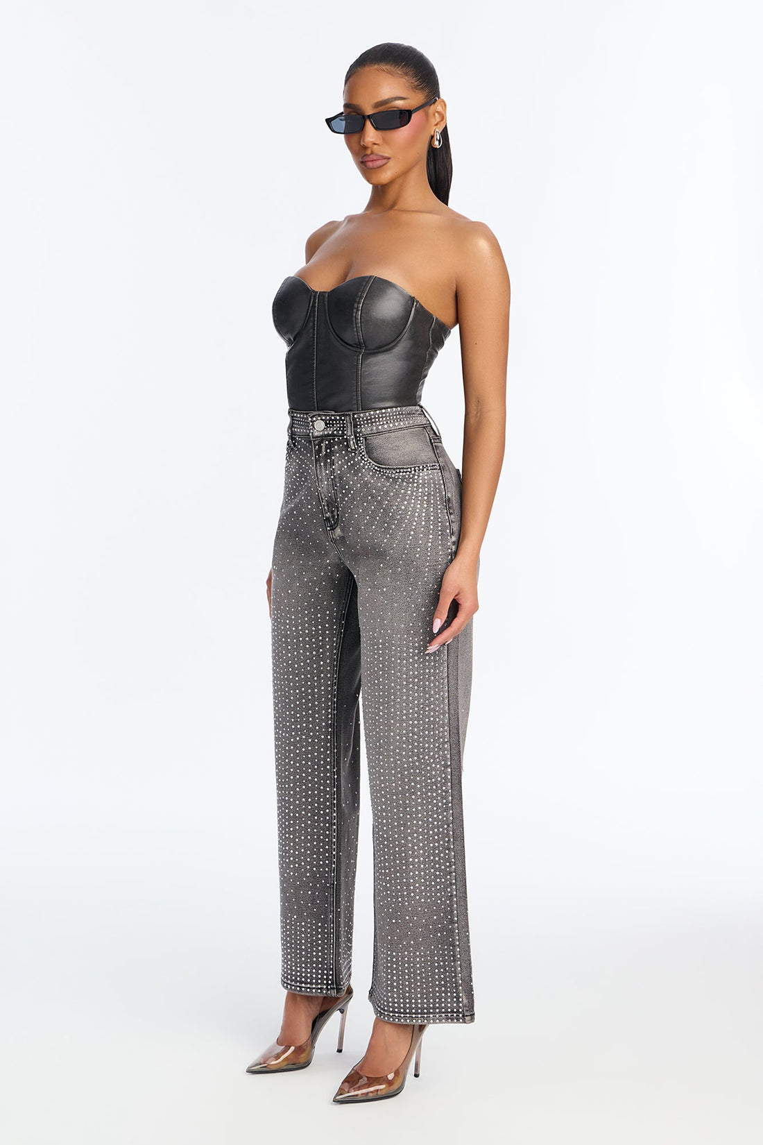 Petite Chasing A Dream Embellished Stretch Straight Leg Jeans - Grey