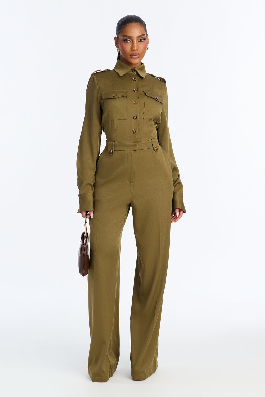 Callie Utility Long Sleeve Wide Leg Jumpsuit - Olive