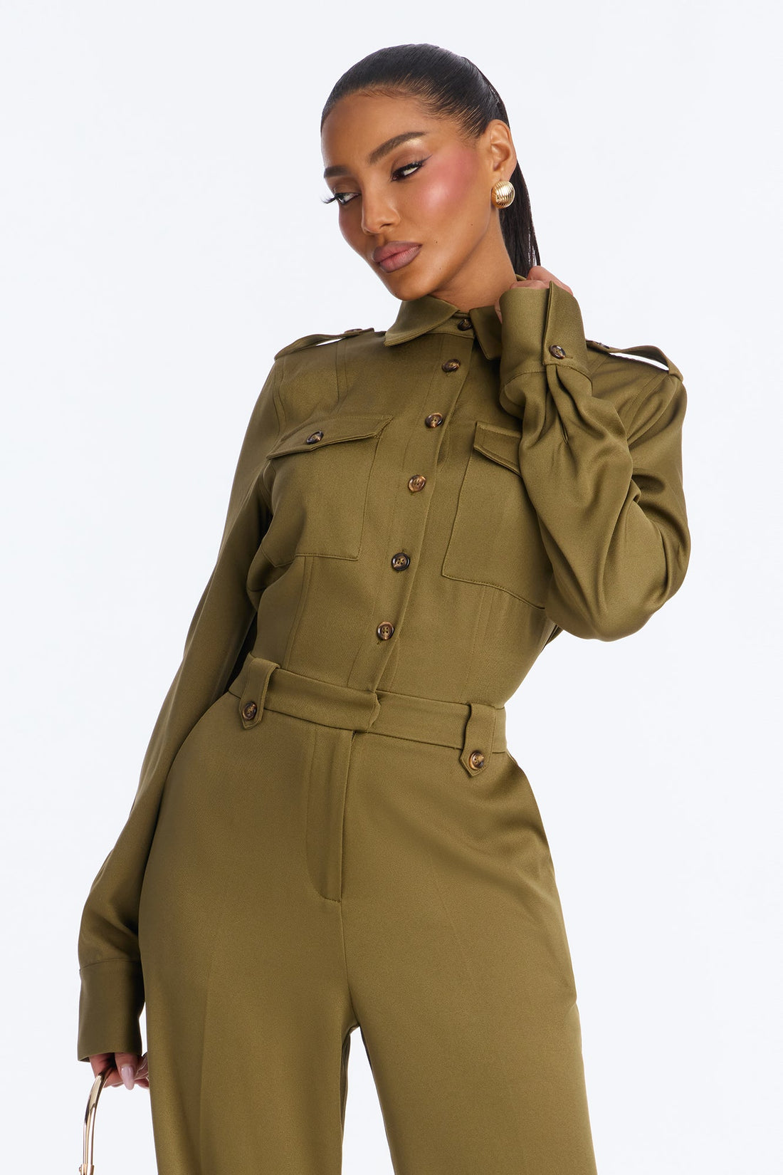 Callie Utility Long Sleeve Wide Leg Jumpsuit - Olive