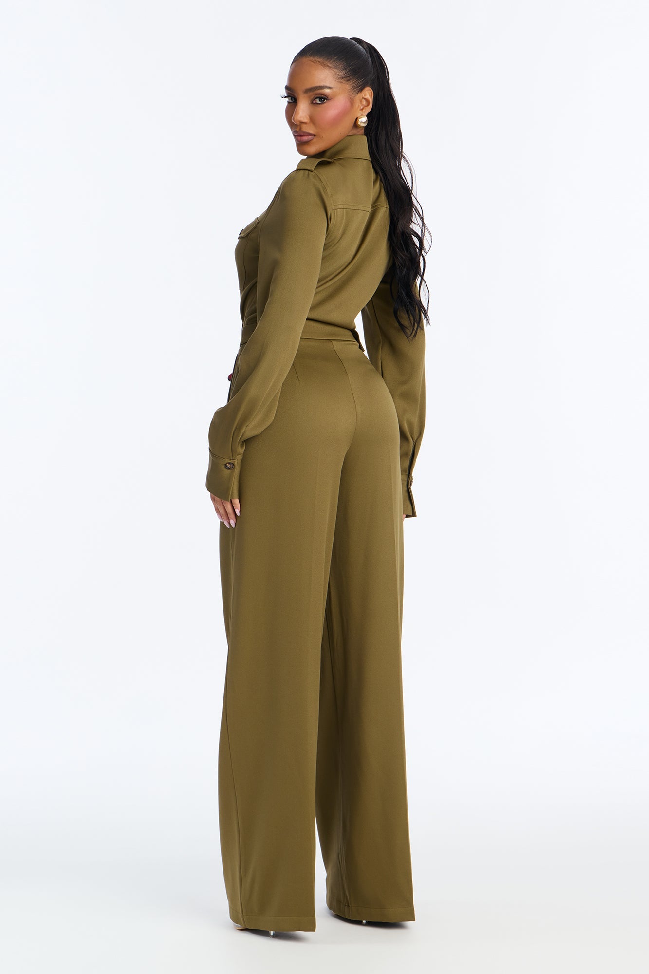 Callie Utility Long Sleeve Wide Leg Jumpsuit - Olive