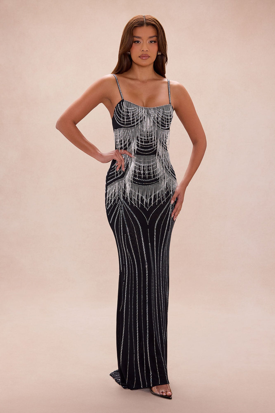 Gracelynn Rhinestone Fringe Maxi Dress - Black