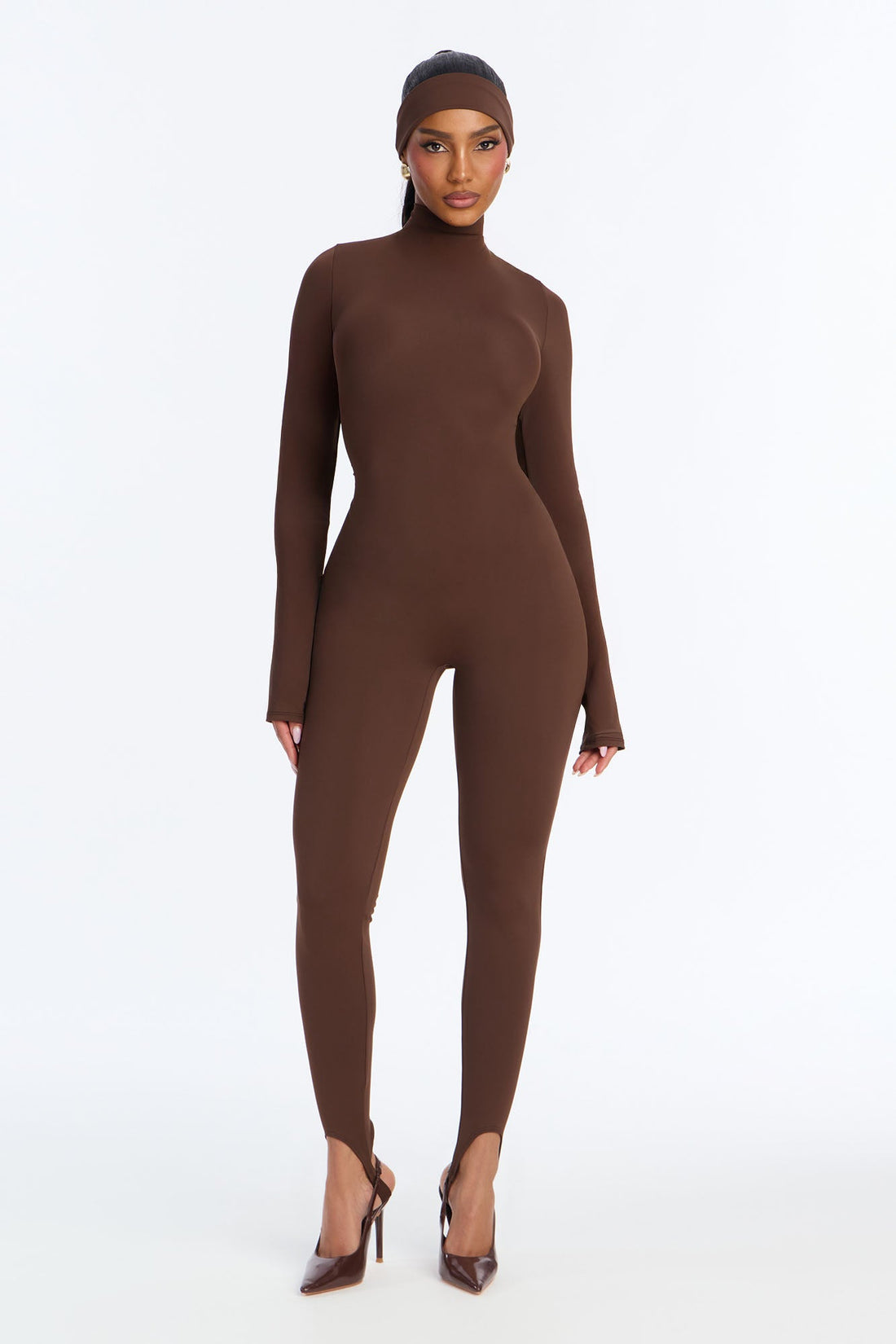 Amaya Mock Neck Stirrup 2 Piece Catsuit - Chocolate