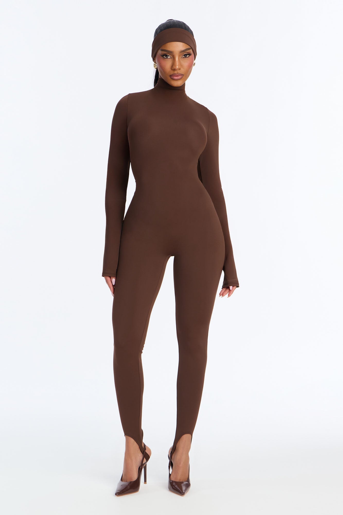 Amaya Mock Neck Stirrup 2 Piece Catsuit - Chocolate