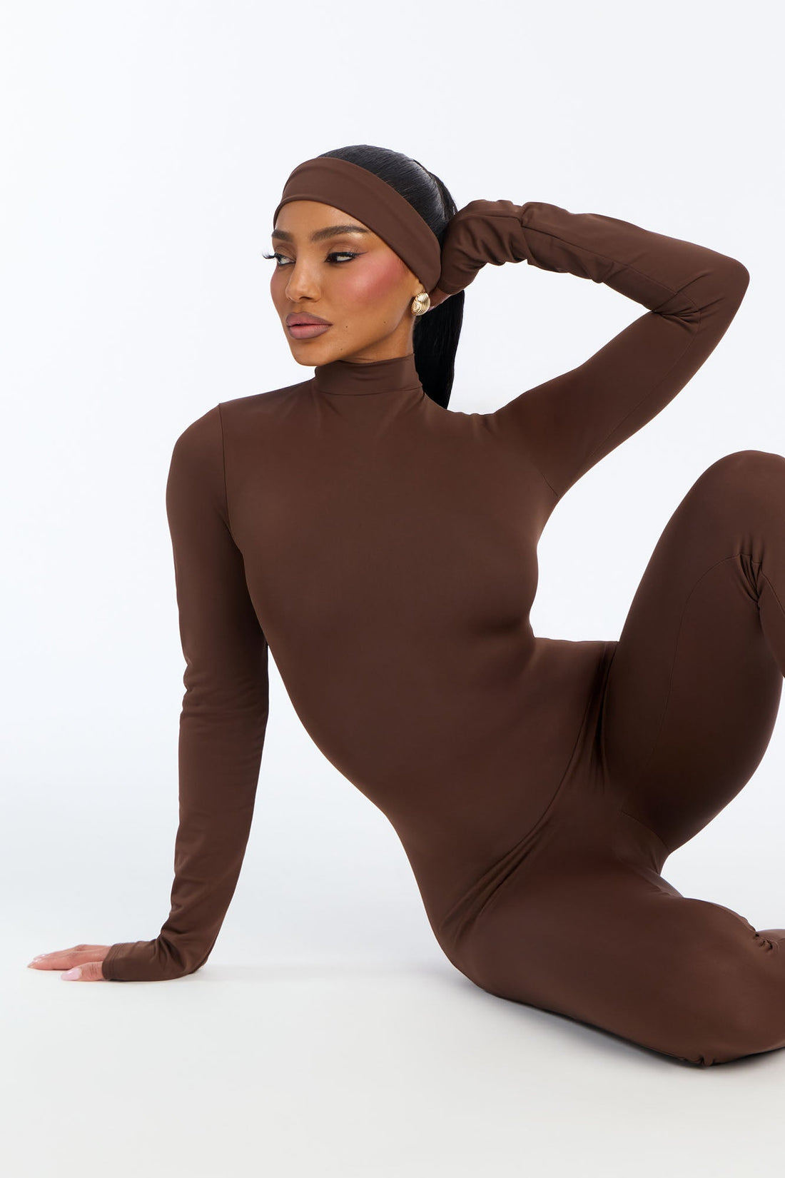 Amaya Mock Neck Stirrup 2 Piece Catsuit - Chocolate