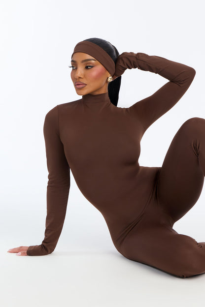 Amaya Mock Neck Stirrup 2 Piece Catsuit - Chocolate