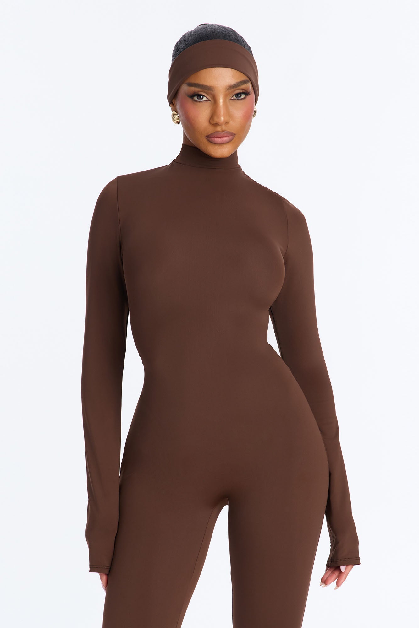 Amaya Mock Neck Stirrup 2 Piece Catsuit - Chocolate