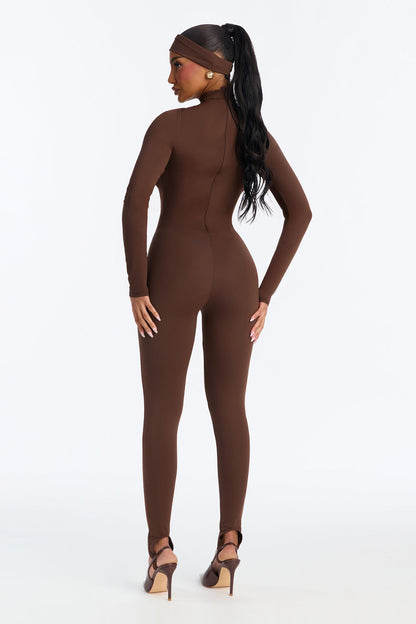 Amaya Mock Neck Stirrup 2 Piece Catsuit - Chocolate