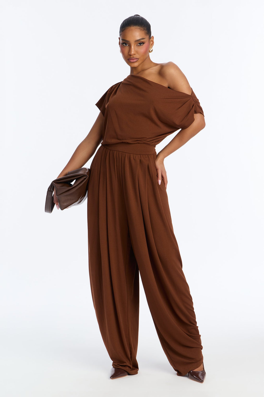Belina Balloon Leg Off Shoulder Jumpsuit - Brown