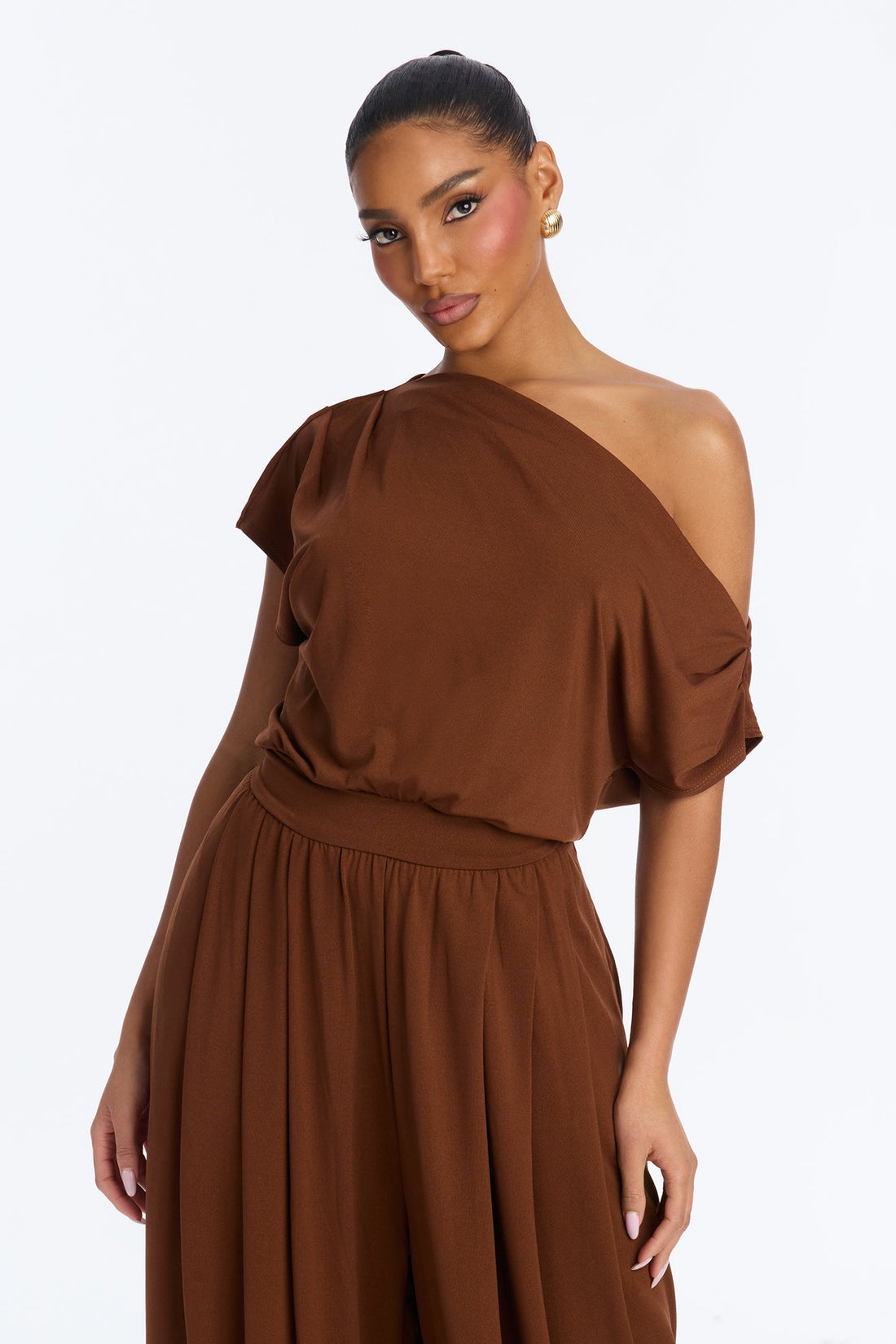 Belina Balloon Leg Off Shoulder Jumpsuit - Brown