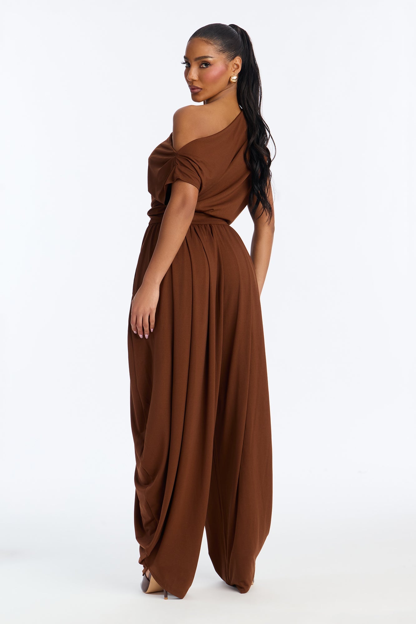 Belina Balloon Leg Off Shoulder Jumpsuit - Brown