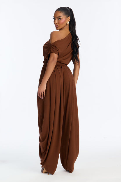 Belina Balloon Leg Off Shoulder Jumpsuit - Brown