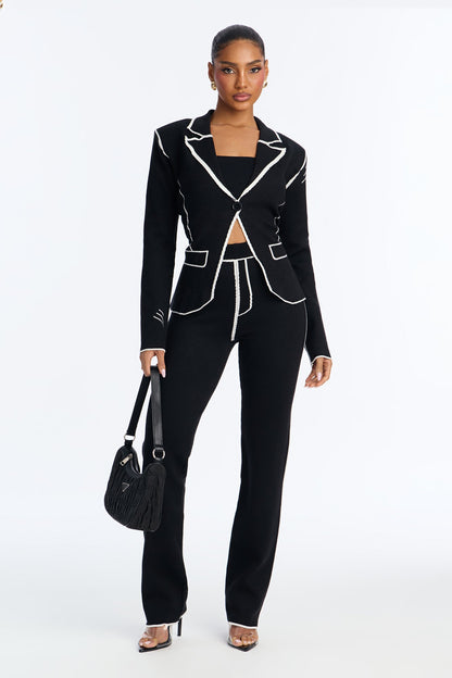 Sleek Comfort Sweater Blazer Pant Set - Black