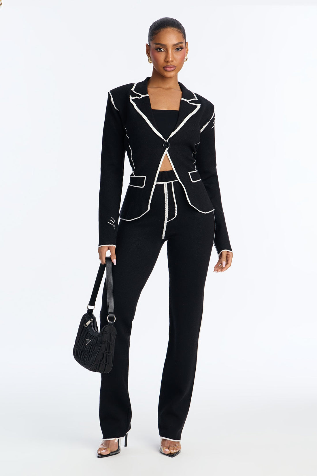 Sleek Comfort Sweater Blazer Pant Set - Black