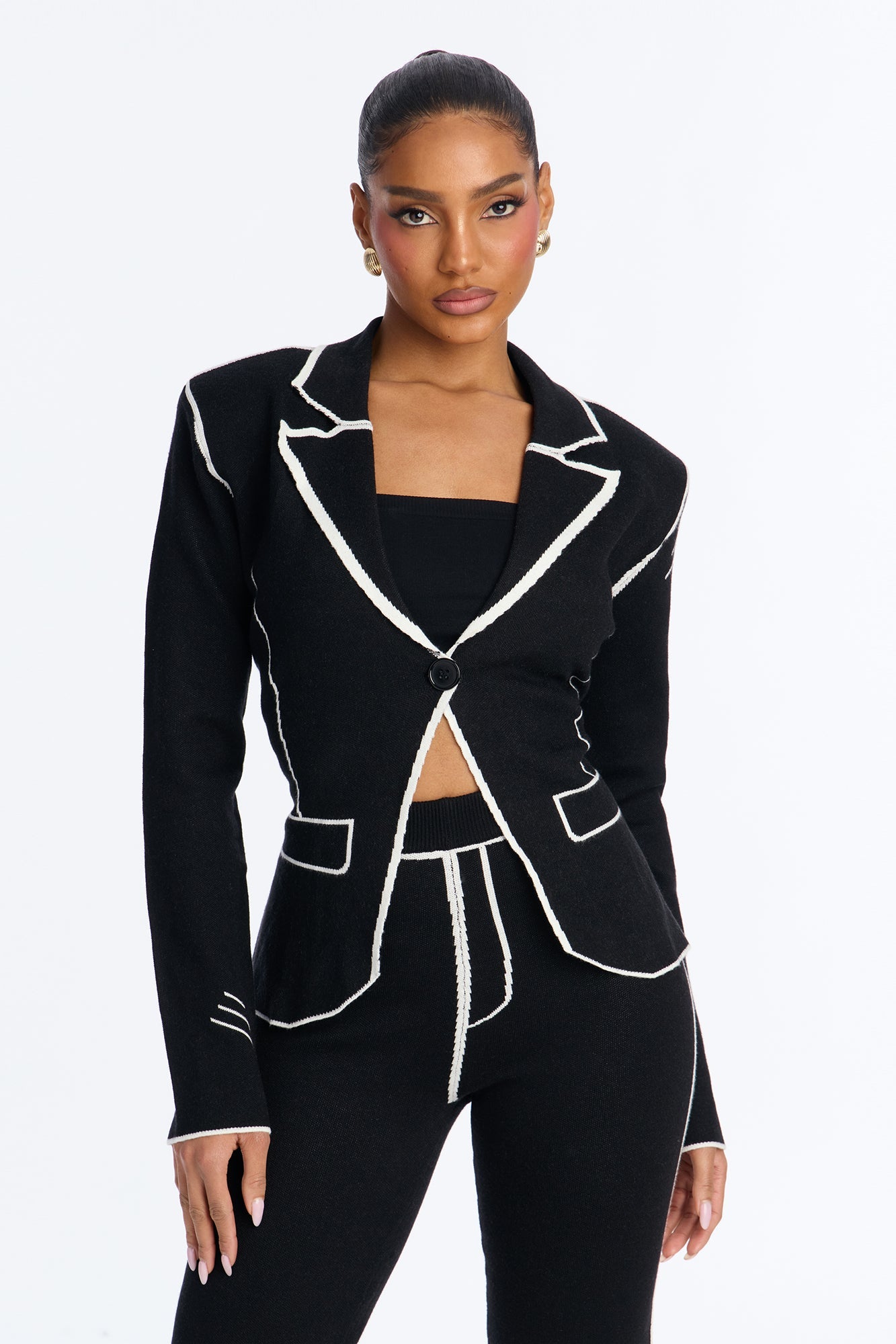 Sleek Comfort Sweater Blazer Pant Set - Black