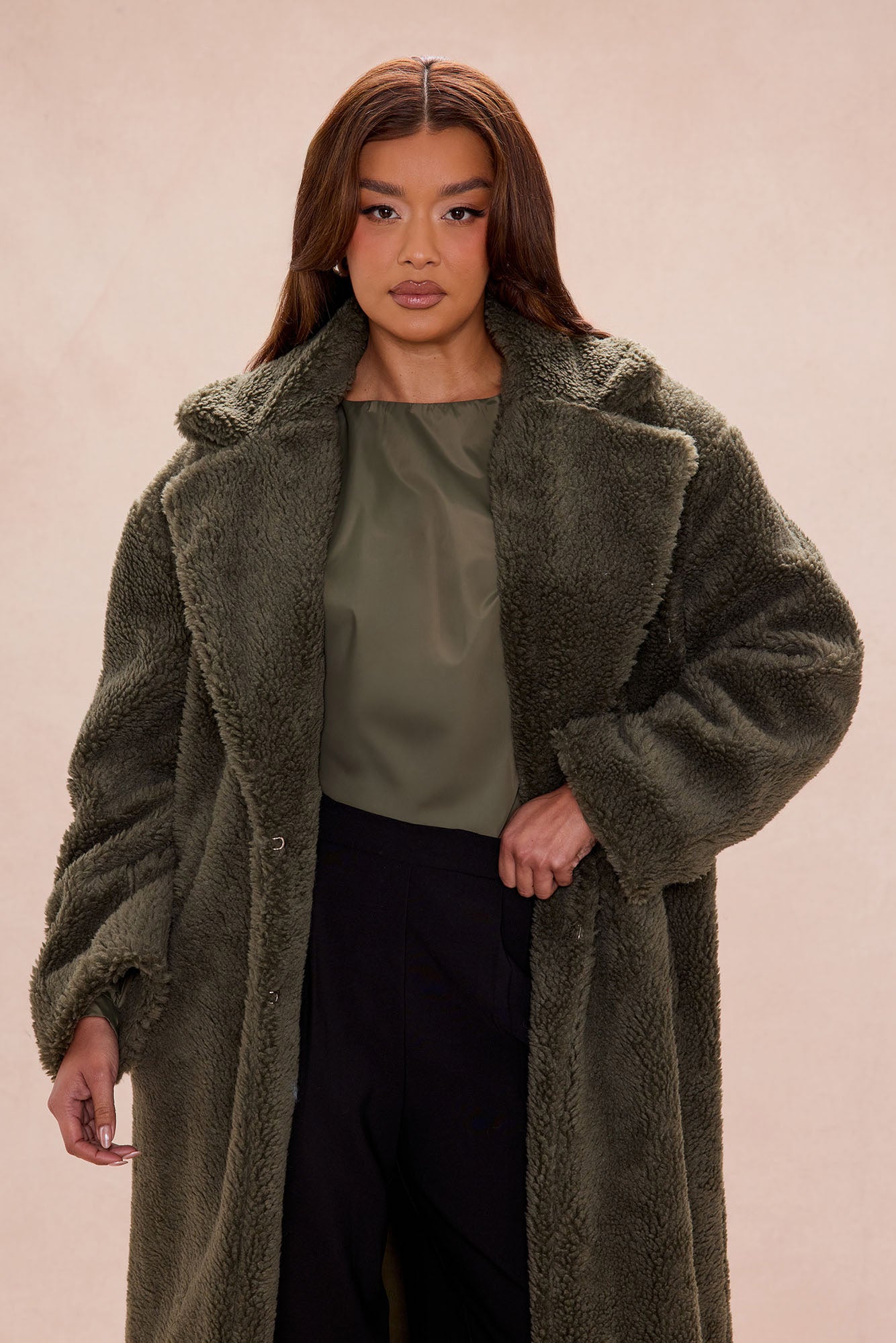 Fashionably Late Sherpa Coat - Olive