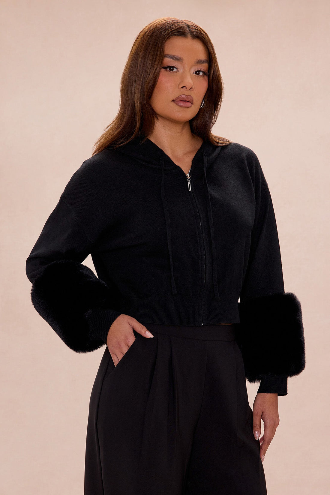 Keep Warm Fur Cuff Hoodie - Black