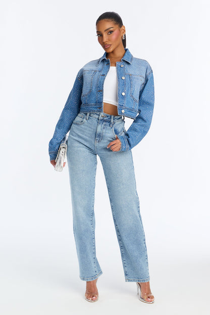 Glamour Girl Rhinestone Denim Jacket - Medium Wash