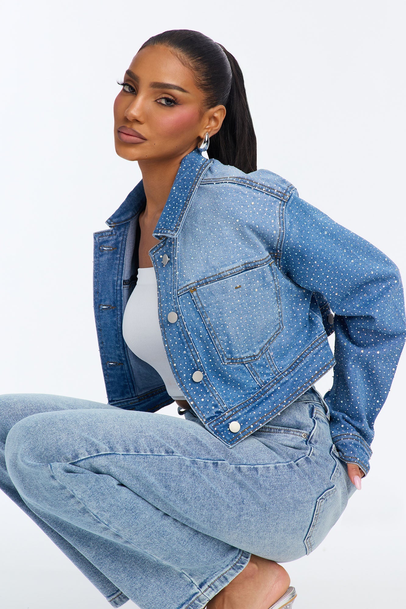 Glamour Girl Rhinestone Denim Jacket - Medium Wash