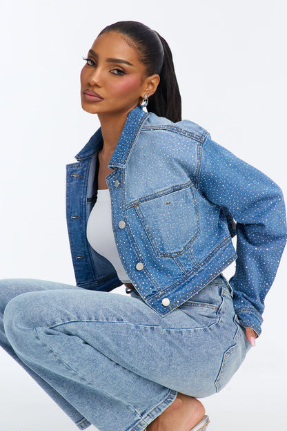 Glamour Girl Rhinestone Denim Jacket - Medium Wash