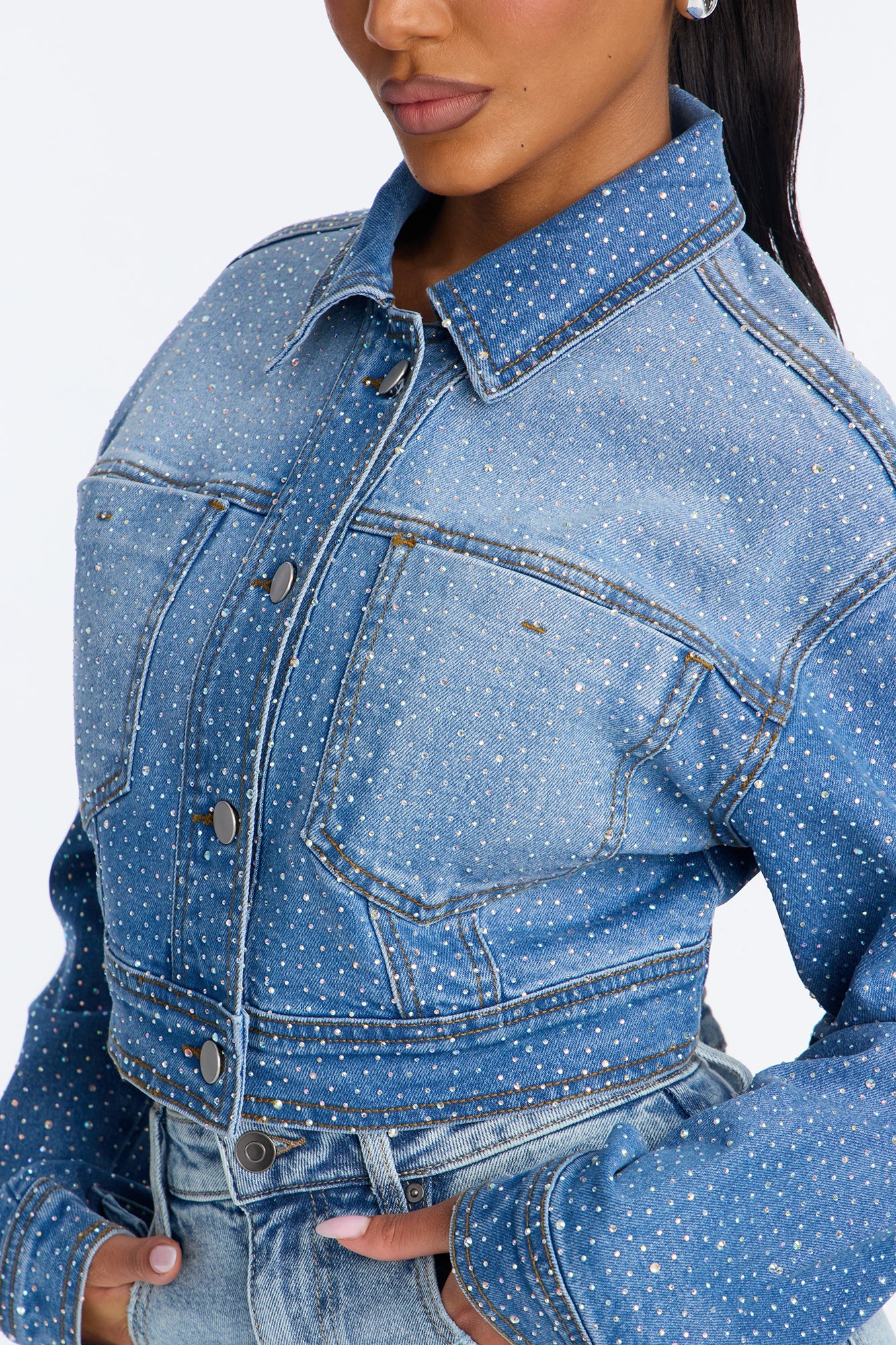 Glamour Girl Rhinestone Denim Jacket - Medium Wash