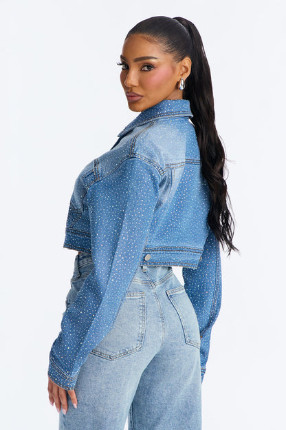 Glamour Girl Rhinestone Denim Jacket - Medium Wash