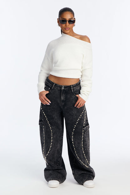 Pearls Are On Baggy Cargo Jeans - Black Wash