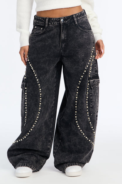 Pearls Are On Baggy Cargo Jeans - Black Wash