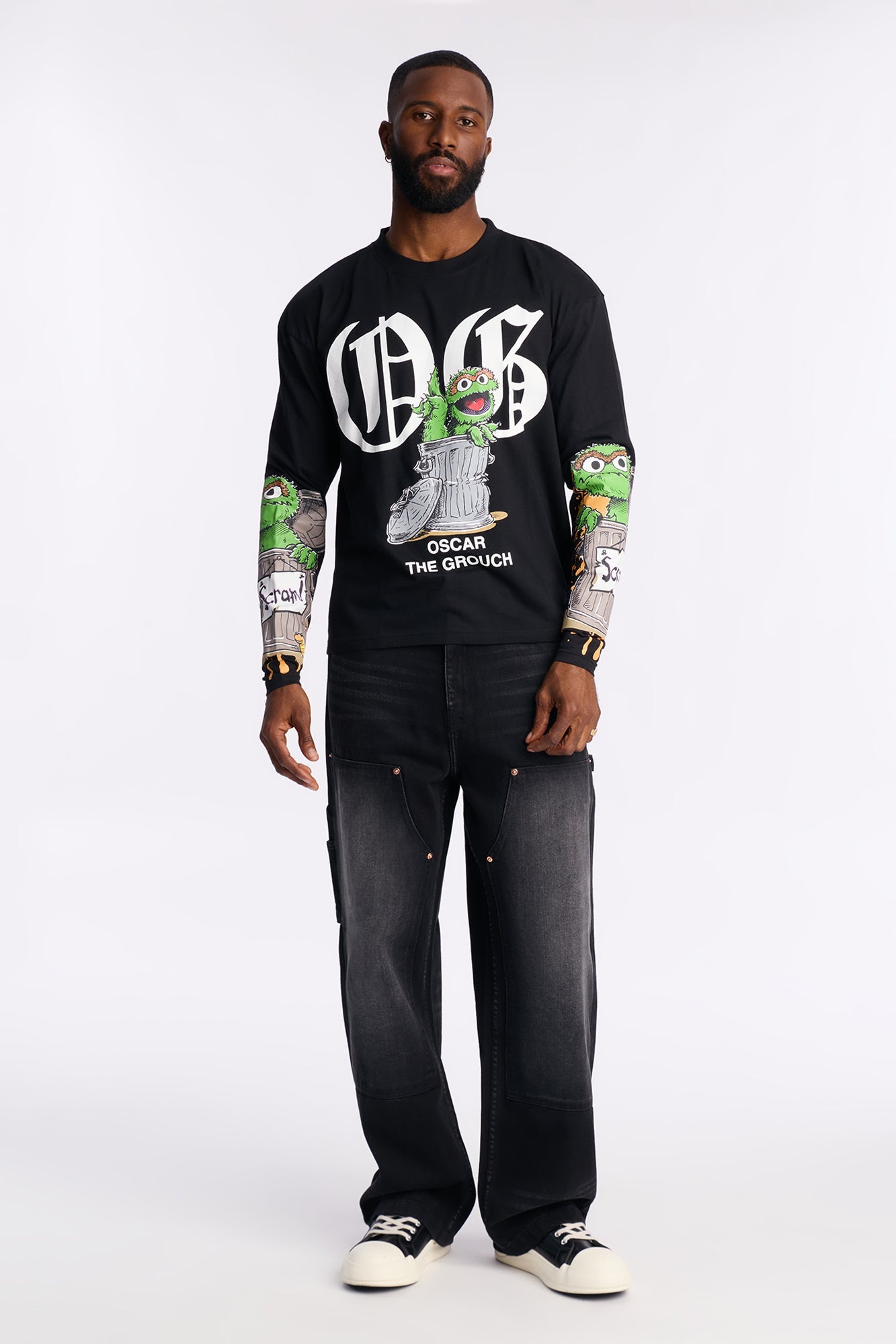 Sesame Street OG Oscar Oversized Long Sleeve Tee - Black Wash