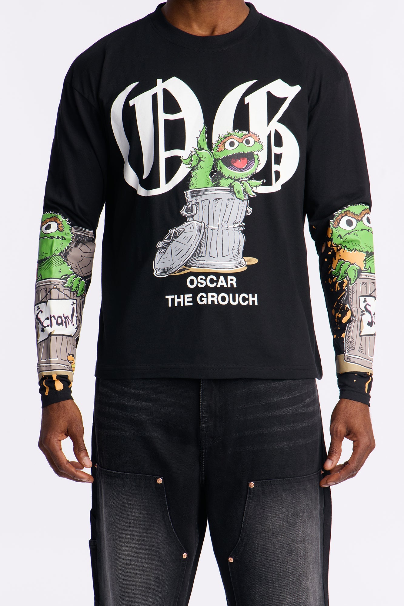 Sesame Street OG Oscar Oversized Long Sleeve Tee - Black Wash