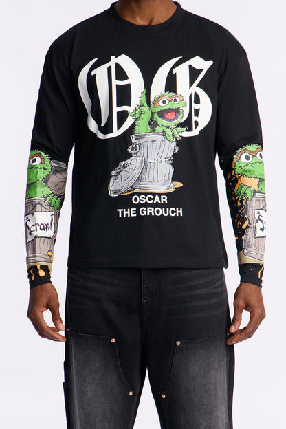 Sesame Street OG Oscar Oversized Long Sleeve Tee - Black Wash