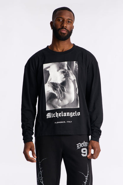 Michelangelo Florence Statue Oversized Long Sleeve Tee - Black