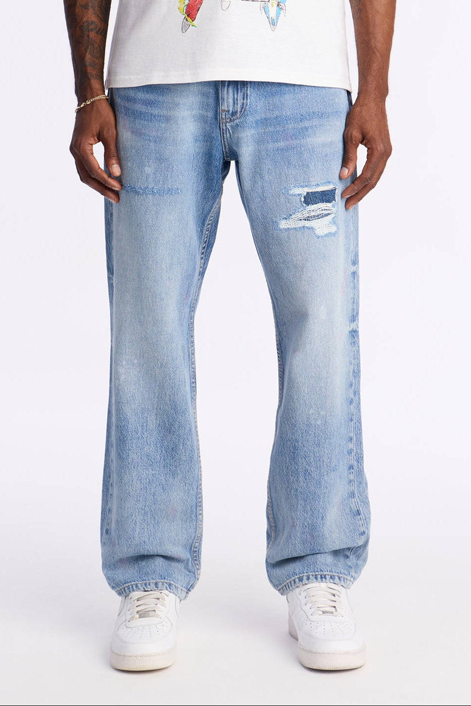 Straight Subtle Distressed Denim Jean - Medium Blue Wash