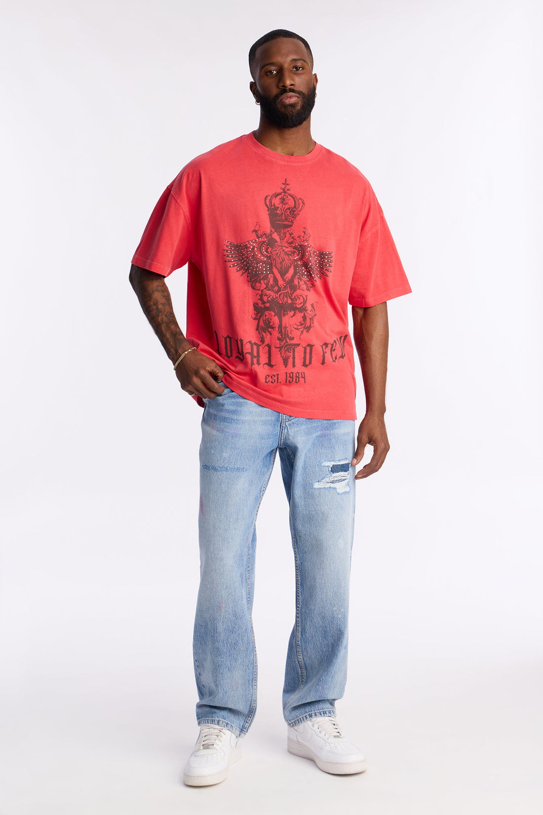 Loyal To Few Rhinestone Oversized Short Sleeve Tee - Red