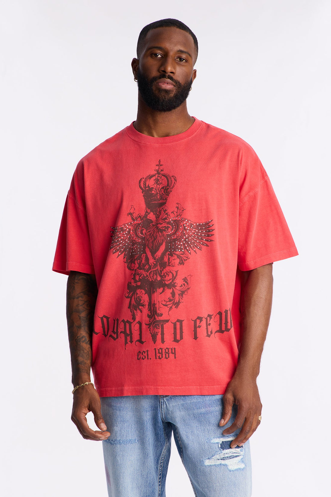 Loyal To Few Rhinestone Oversized Short Sleeve Tee - Red