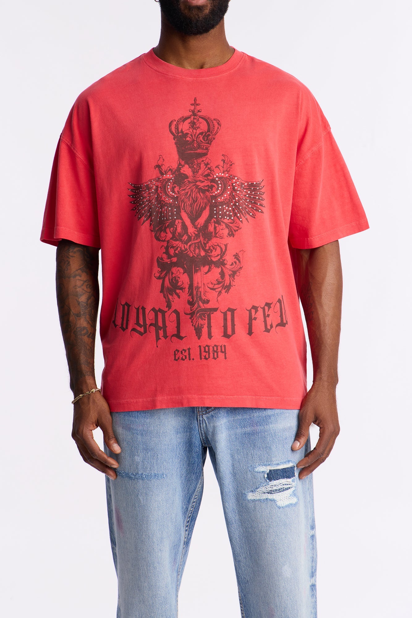 Loyal To Few Rhinestone Oversized Short Sleeve Tee - Red