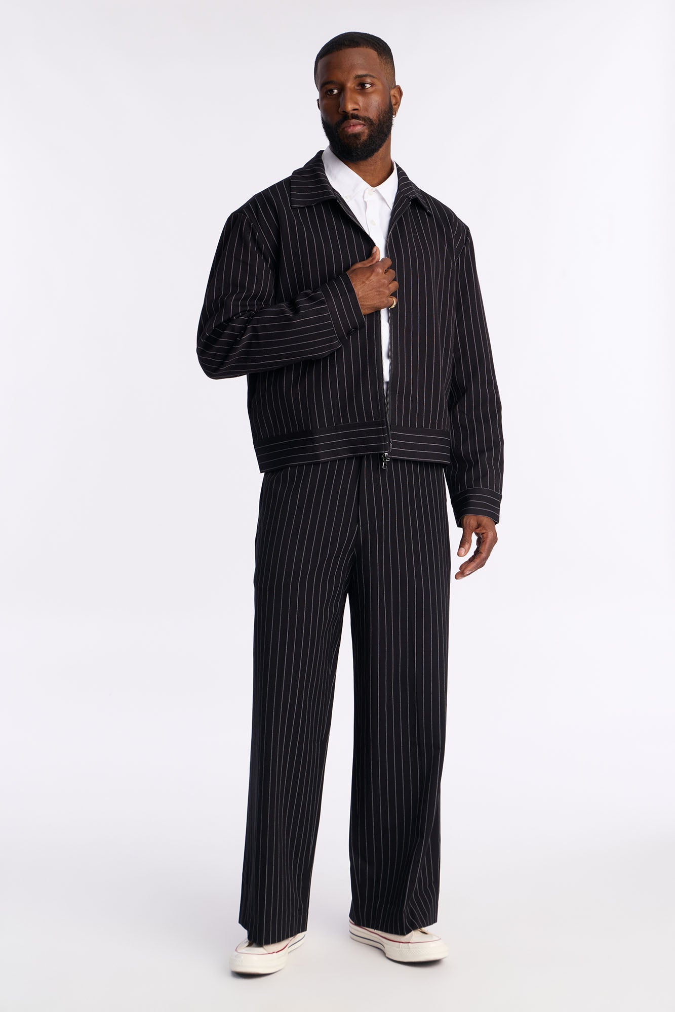 Wide Leg Straight Striped Trouser - Black