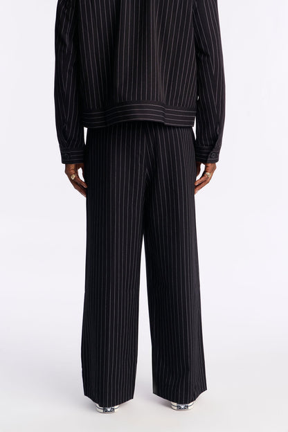 Wide Leg Straight Striped Trouser - Black