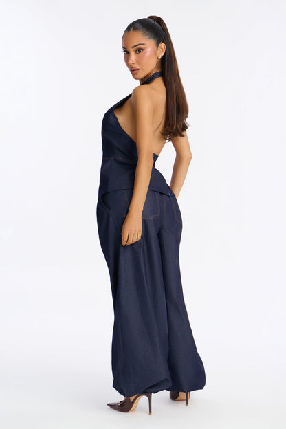 Amelia Halter Balloon Pant Set - Dark Denim