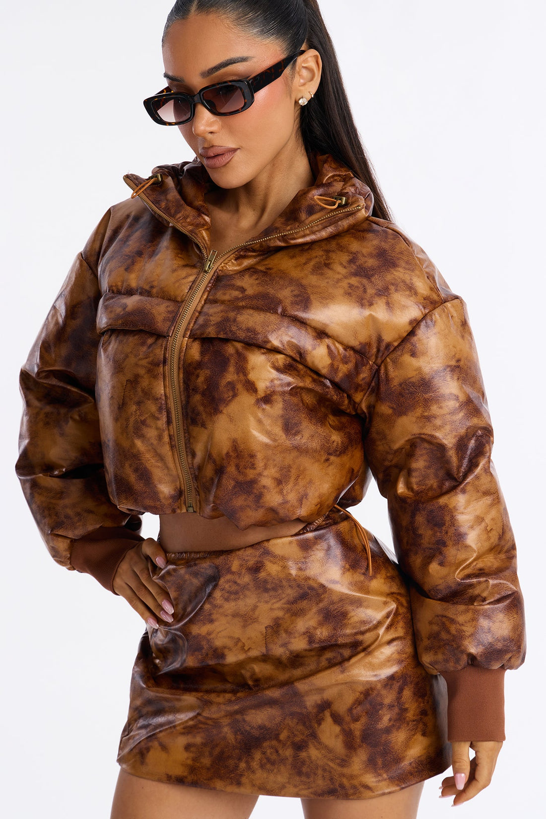 Miley Faux Leather Padded Bomber Jacket Skirt Set - Brown