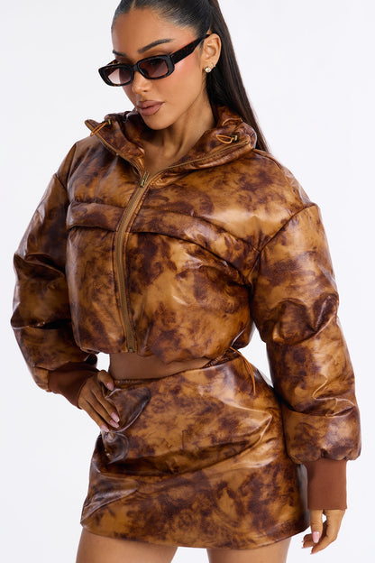 Miley Faux Leather Padded Bomber Jacket Skirt Set - Brown