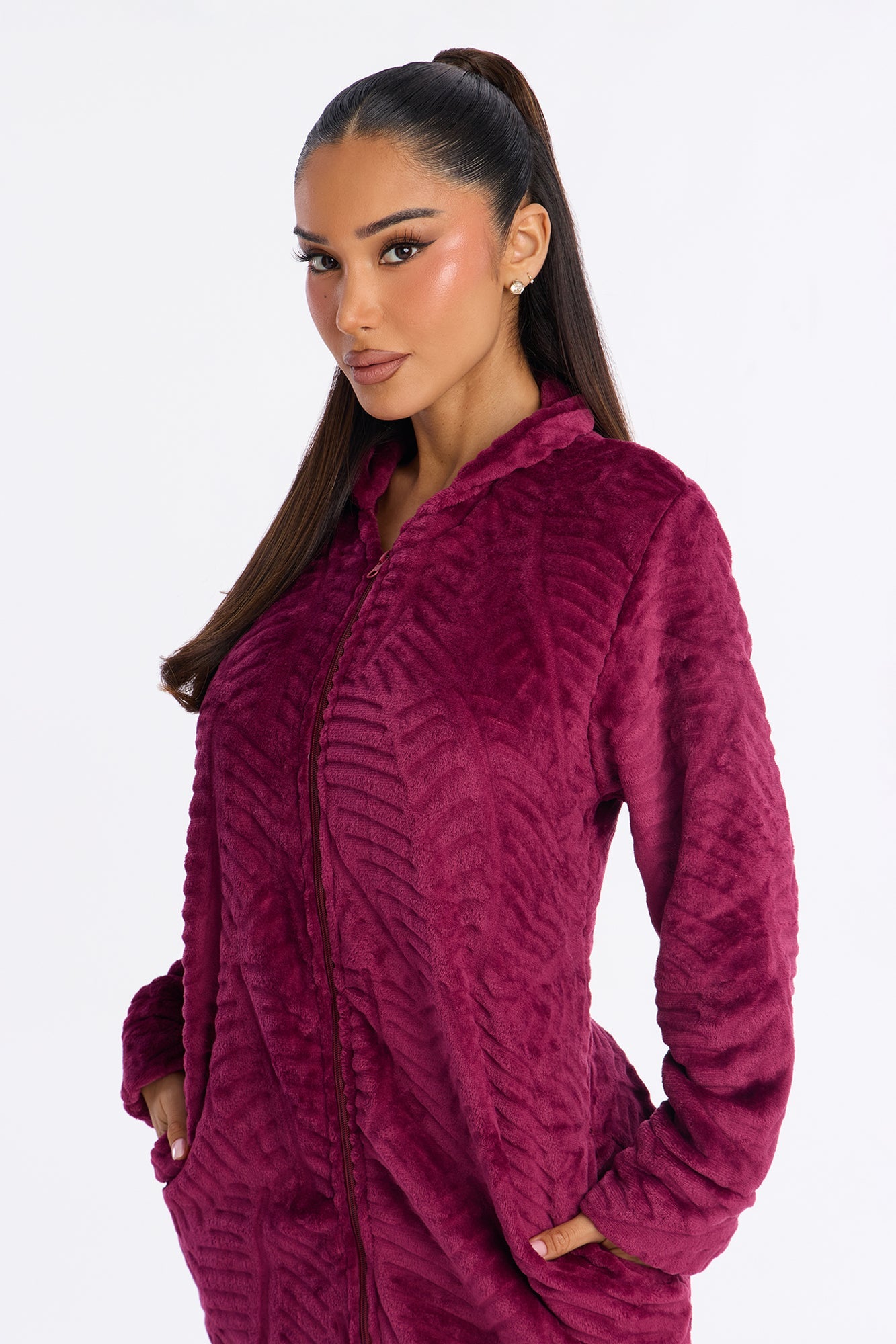 Sleepy Mood Fleece Zip Front Robe - Burgundy
