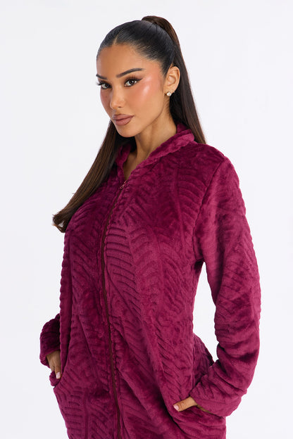 Sleepy Mood Fleece Zip Front Robe - Burgundy