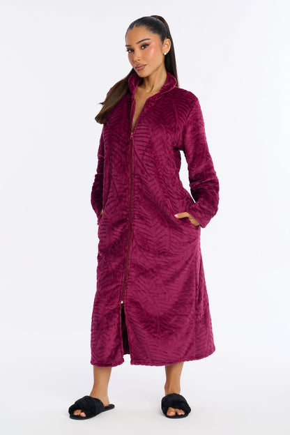 Sleepy Mood Fleece Zip Front Robe - Burgundy