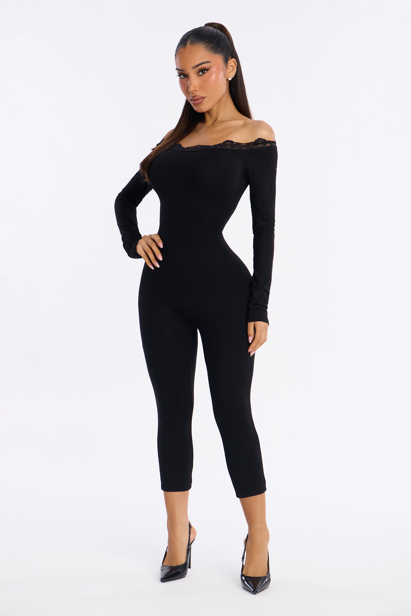 Kim Lace Trim Capri Catsuit - Black