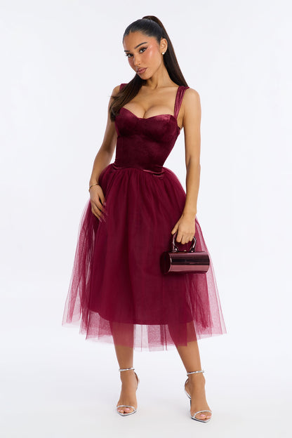 Constanza Velvet Tulle Midi Dress - Wine