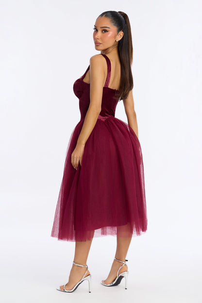 Constanza Velvet Tulle Midi Dress - Wine