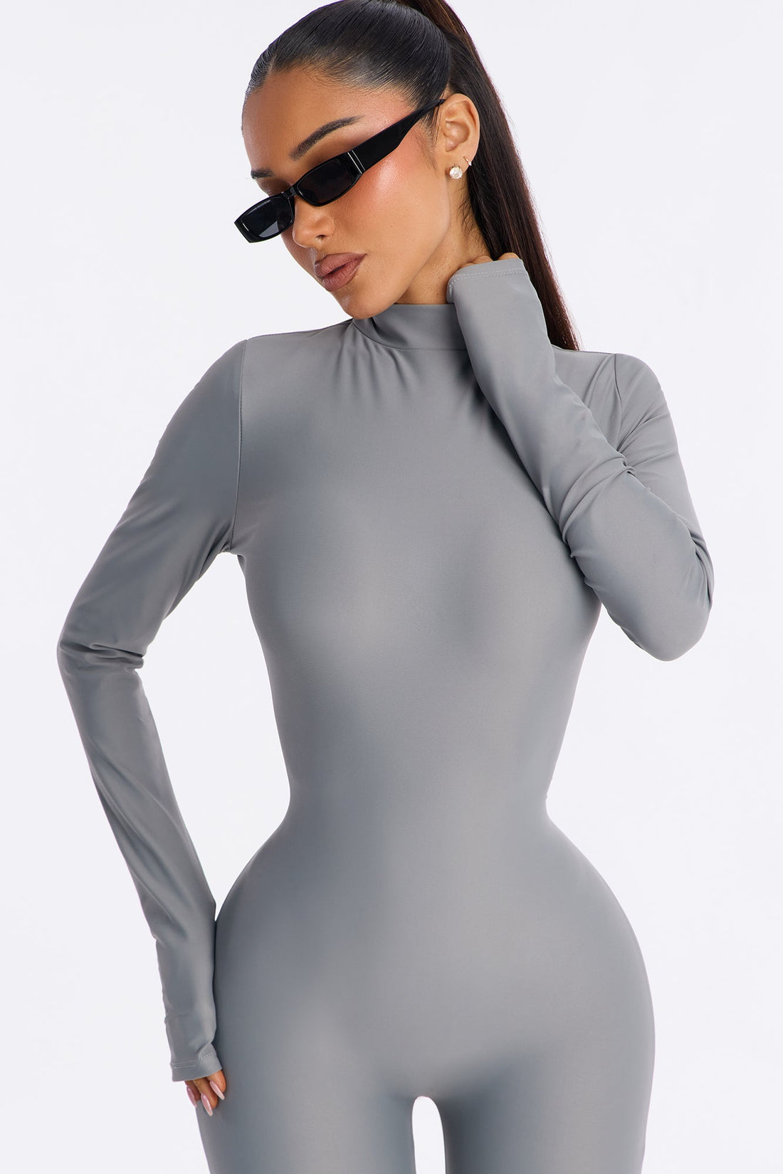 Francesca Mock Neck Footed Catsuit - Grey
