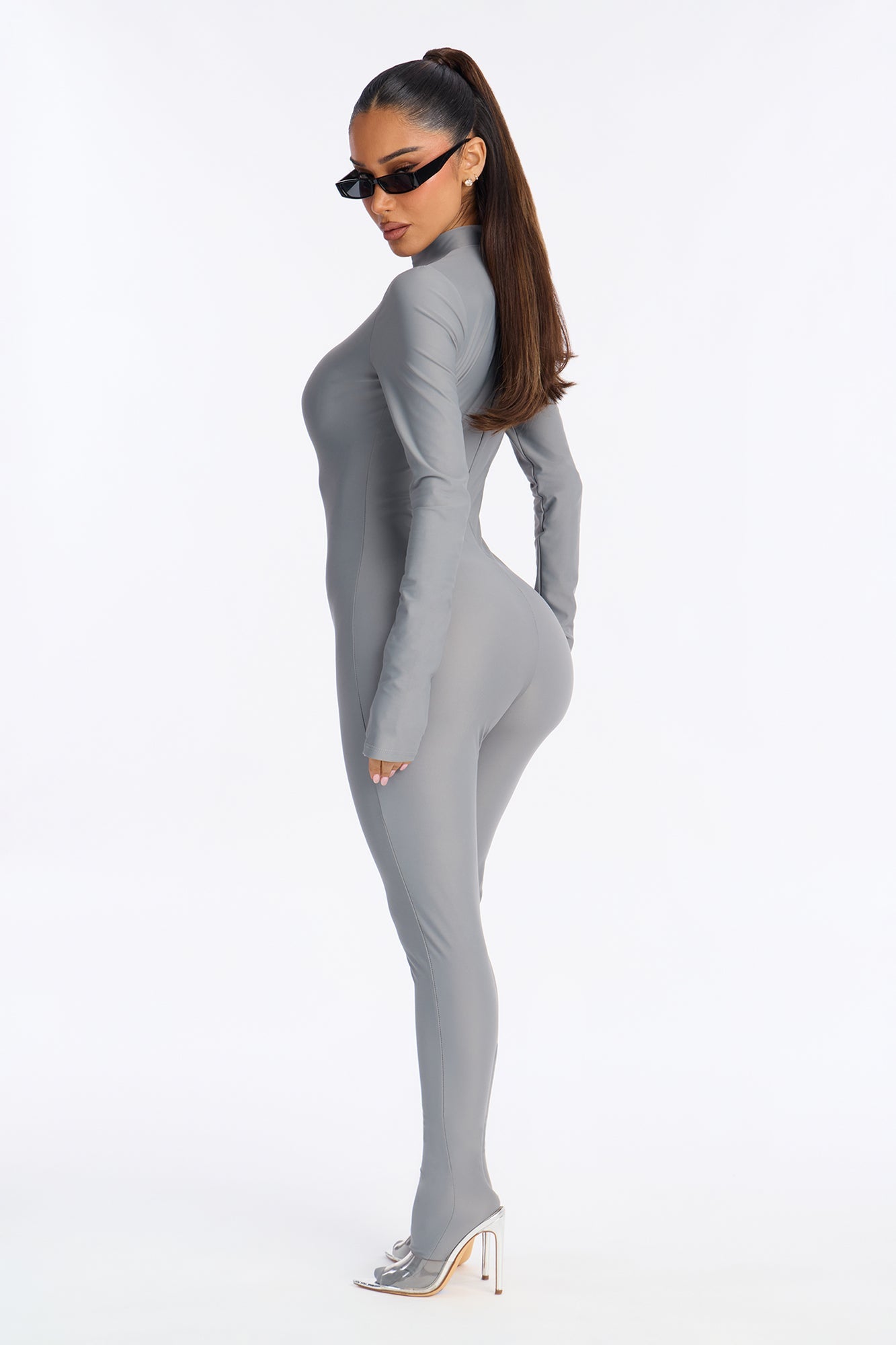 Francesca Mock Neck Footed Catsuit - Grey