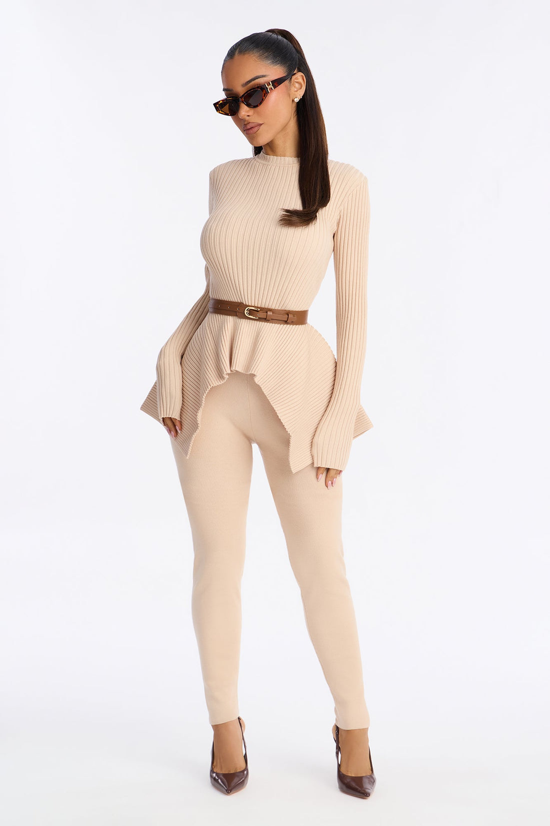 Pop And Flair Belted Sweater Legging Pant Set - Cream