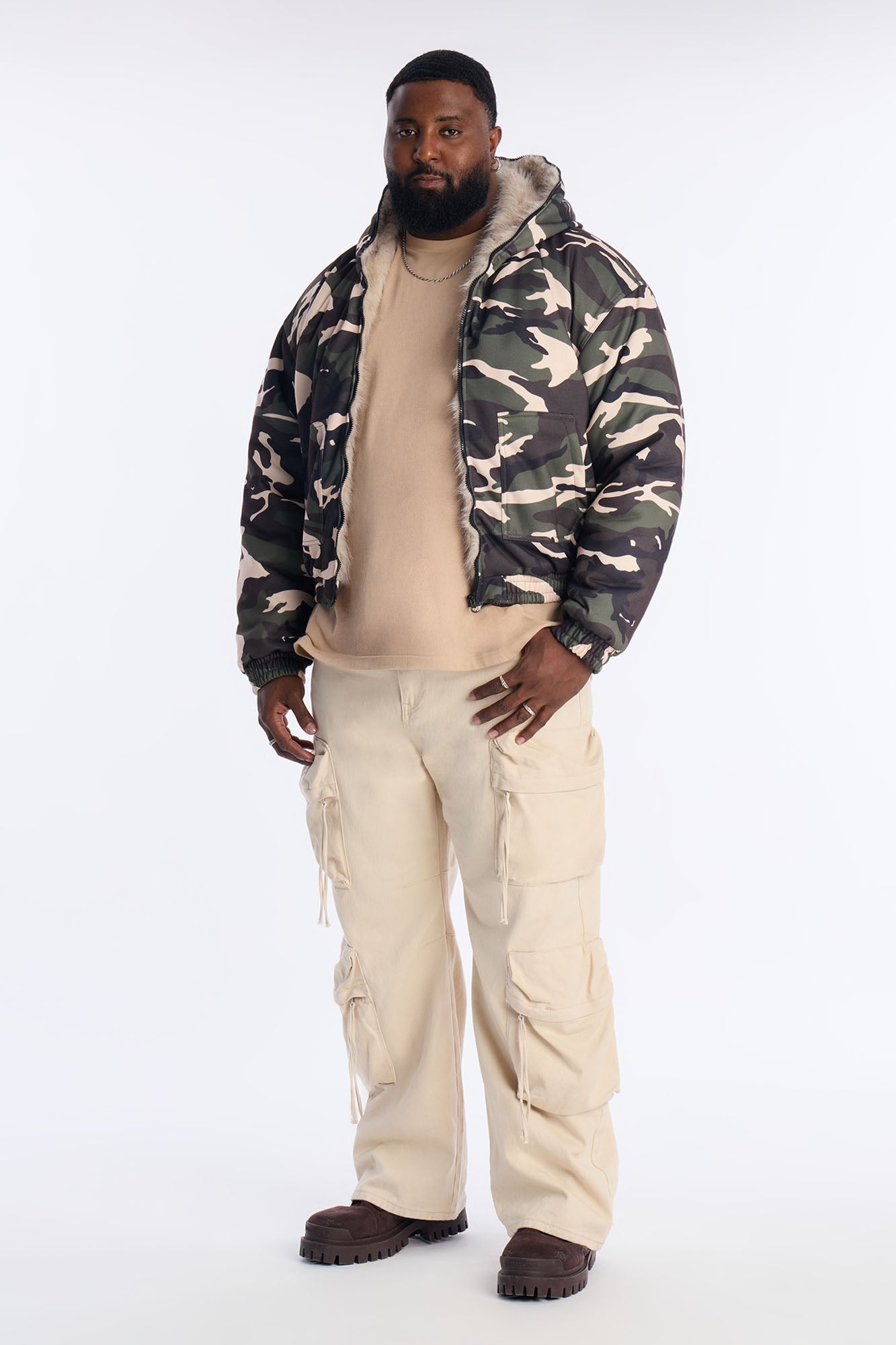 Faux Fur Hooded Zip Up Hoodie - Camouflage